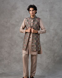 Twamev Men Beige Silk Multicolour Kashmiri Thread Embroidered Jacket Set