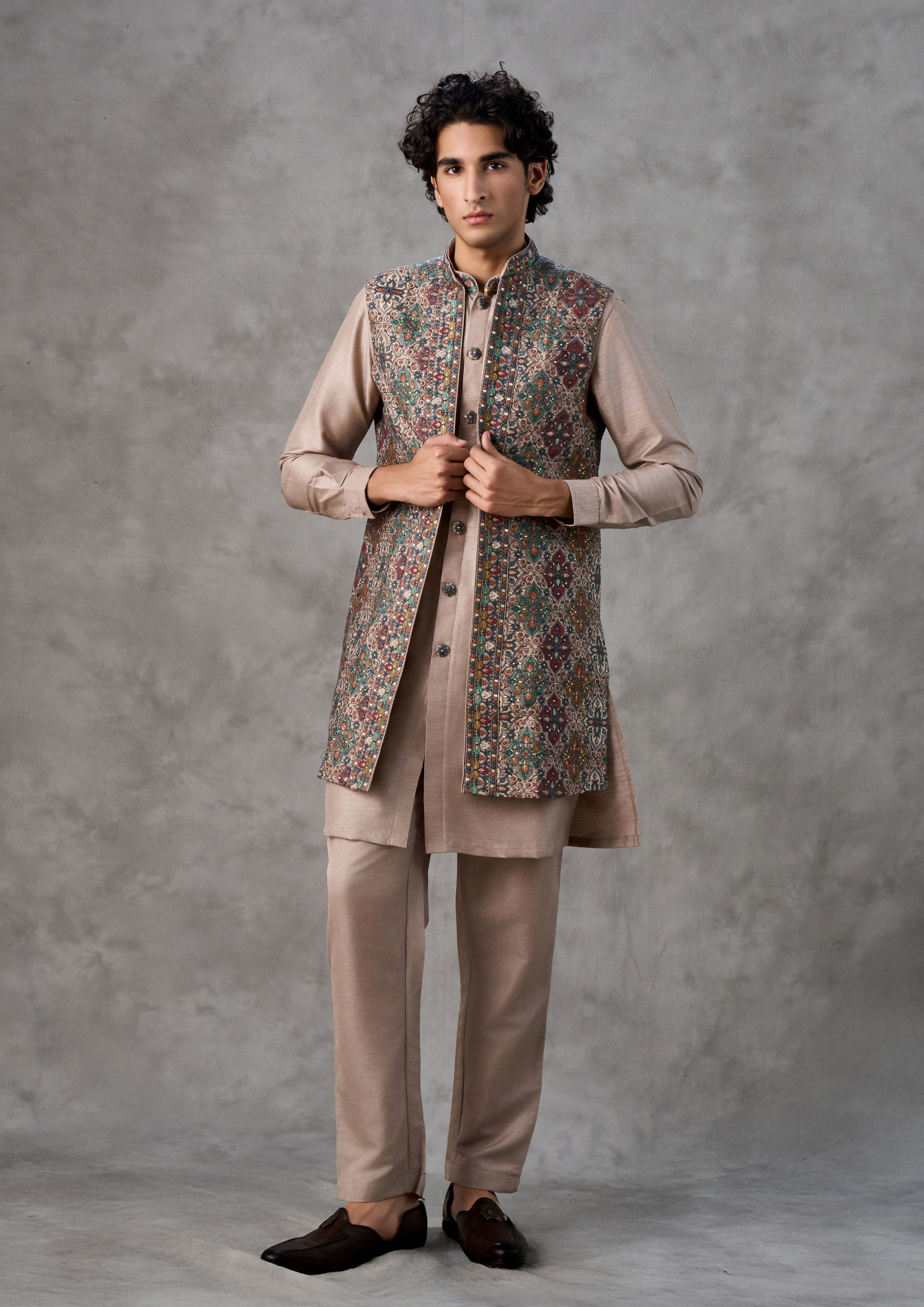 Twamev Men Beige Kurta Jacket Set