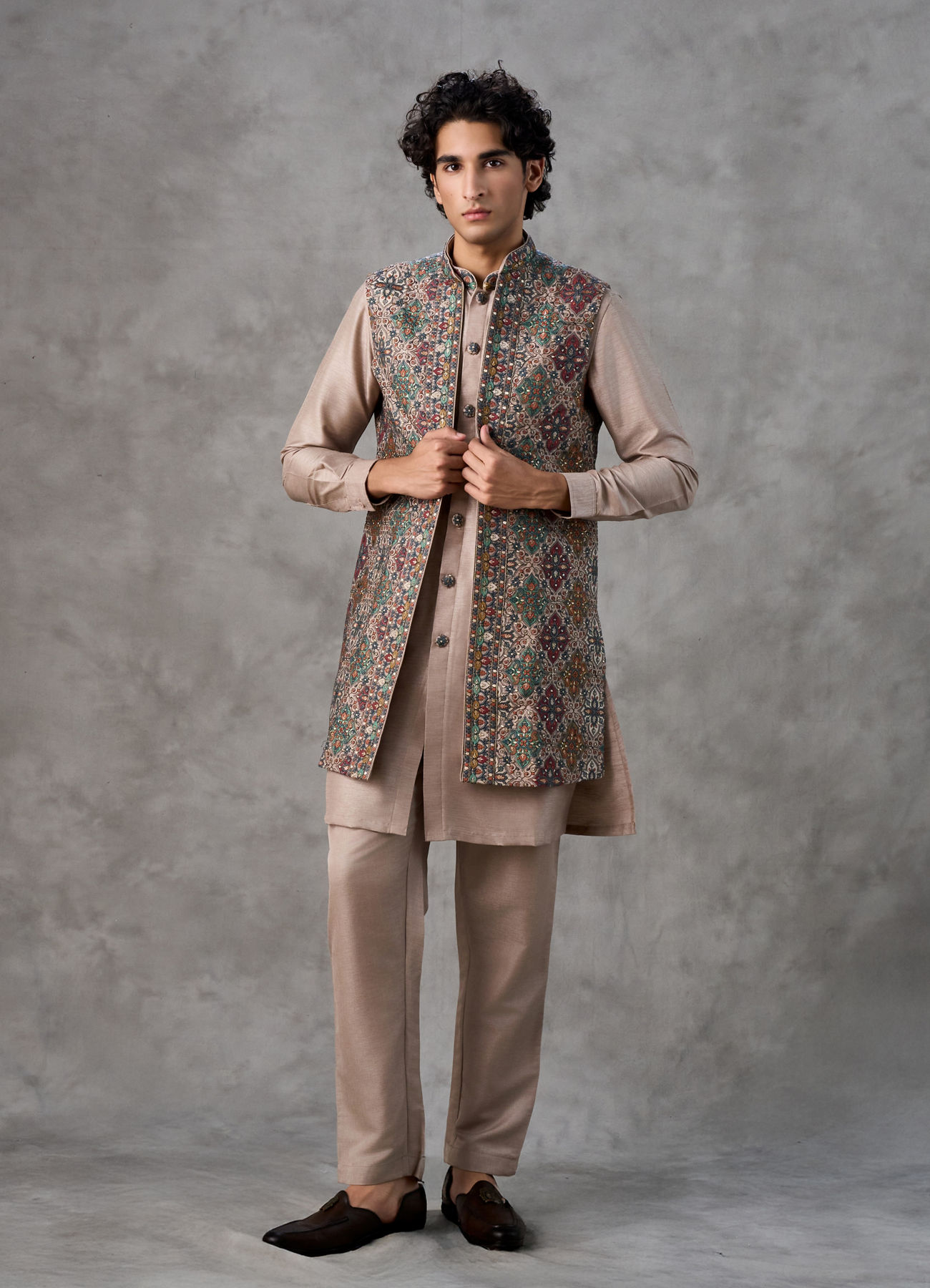 Twamev Men Beige Silk Multicolour Kashmiri Thread Embroidered Jacket Set