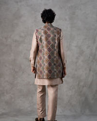 Twamev Men Beige Silk Multicolour Kashmiri Thread Embroidered Jacket Set