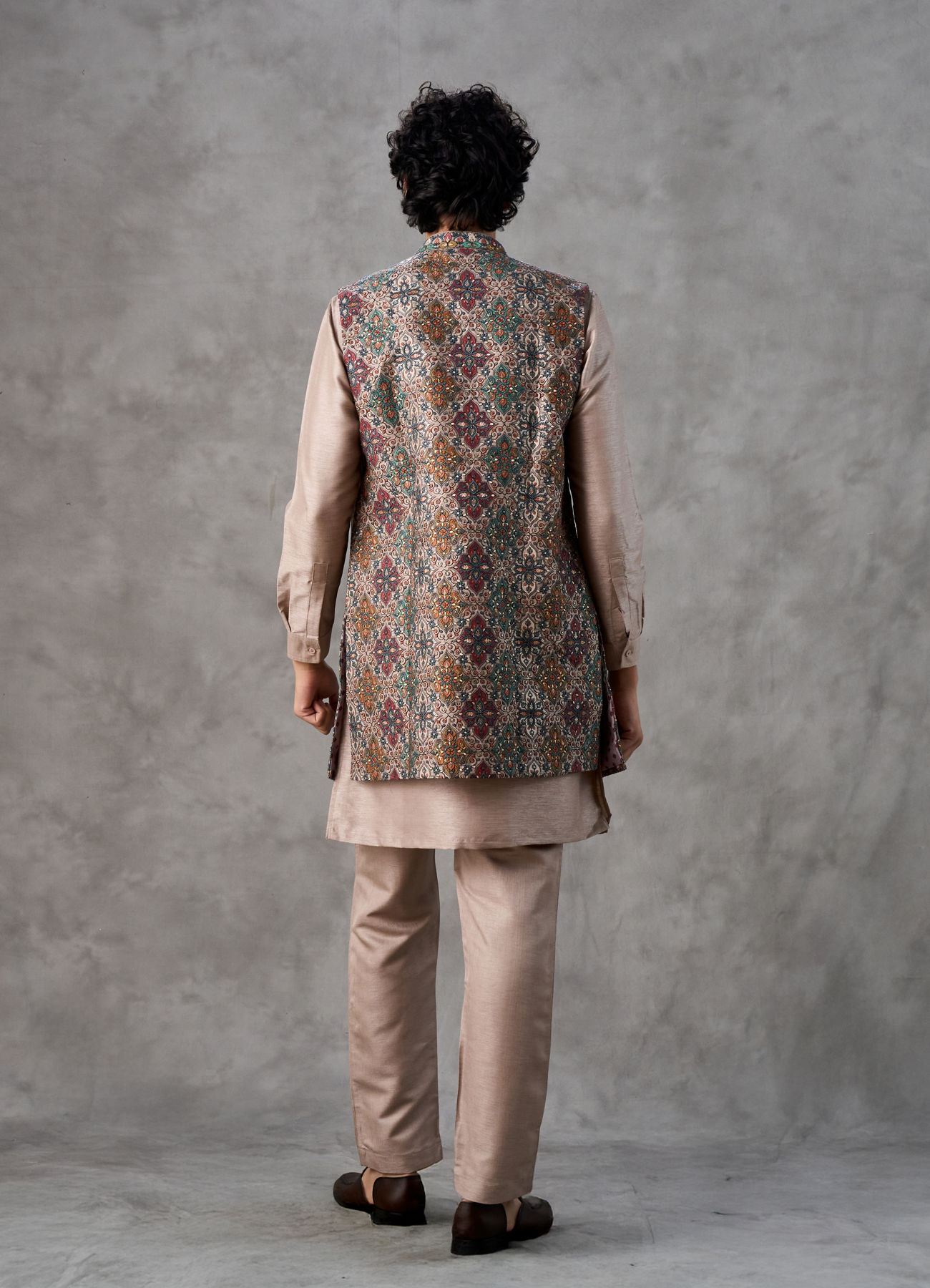 Twamev Men Beige Silk Multicolour Kashmiri Thread Embroidered Jacket Set