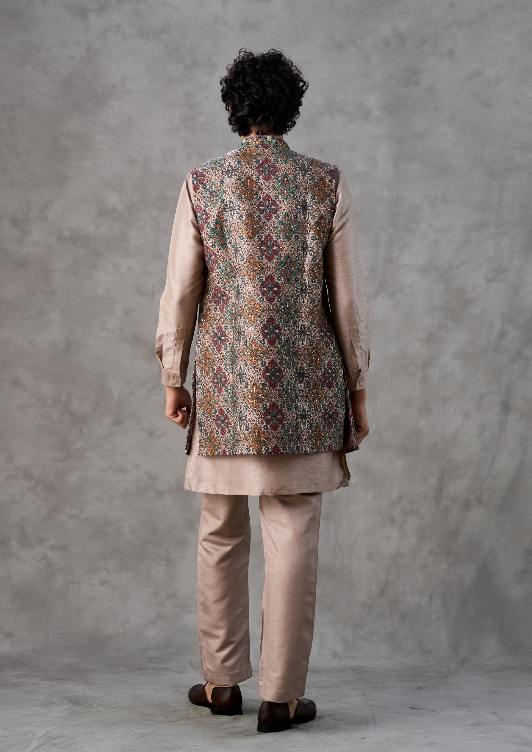 Twamev Men Beige Kurta Jacket Set