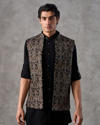 Twamev Men Black Crepe Resham Jaal Embroidered Kurta Jacket Set