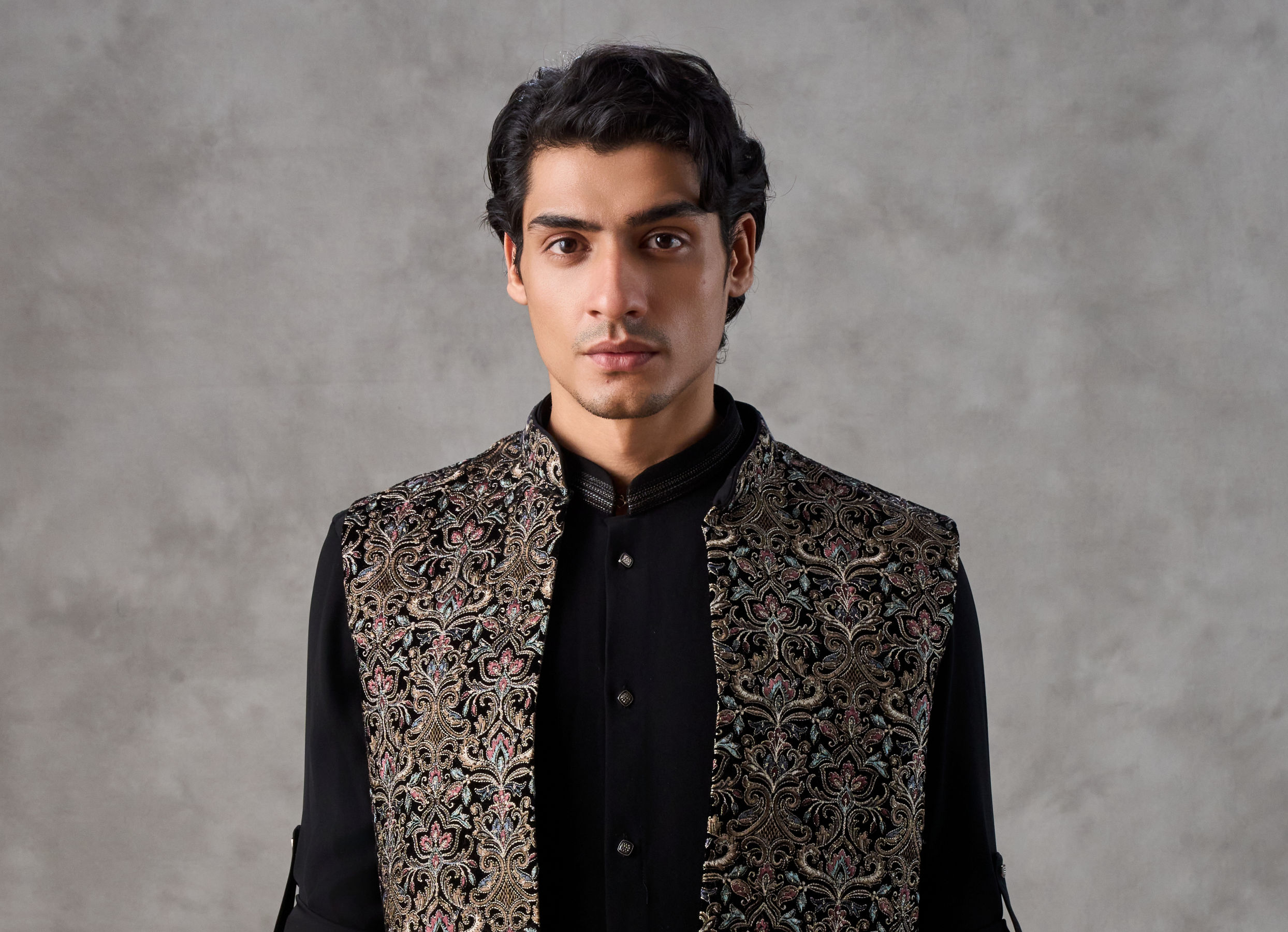 Twamev Men Black Crepe Resham Jaal Embroidered Kurta Jacket Set