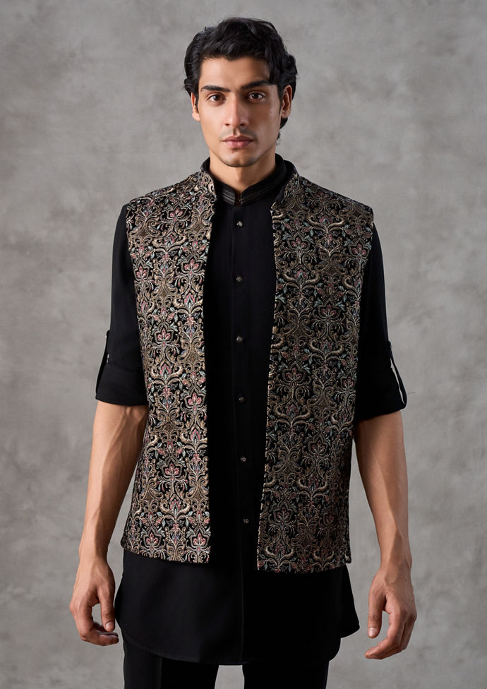 Twamev Men Gleaming Black Charm Kurta Jacket Set