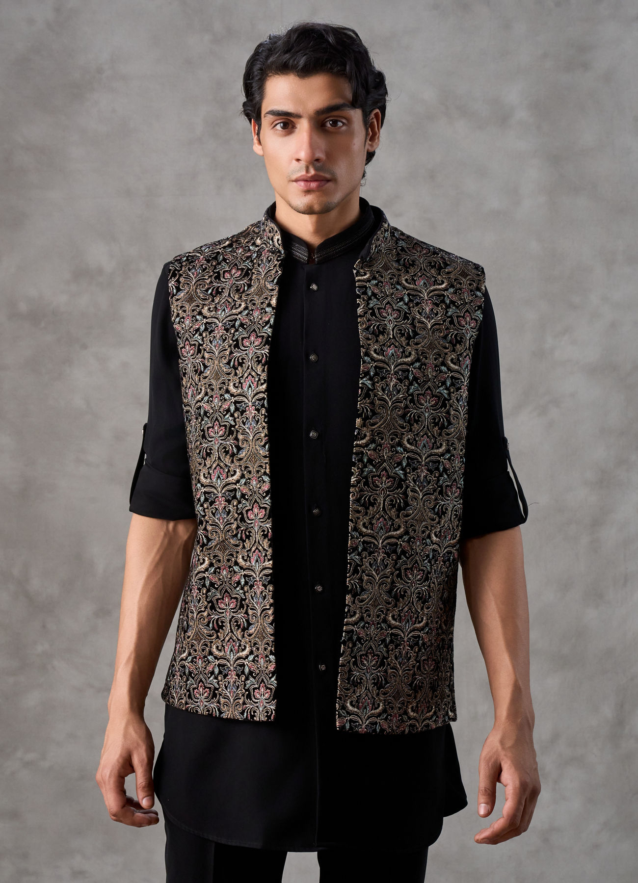 Twamev Men Black Crepe Resham Jaal Embroidered Kurta Jacket Set