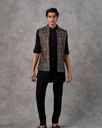 Twamev Men Black Crepe Resham Jaal Embroidered Kurta Jacket Set