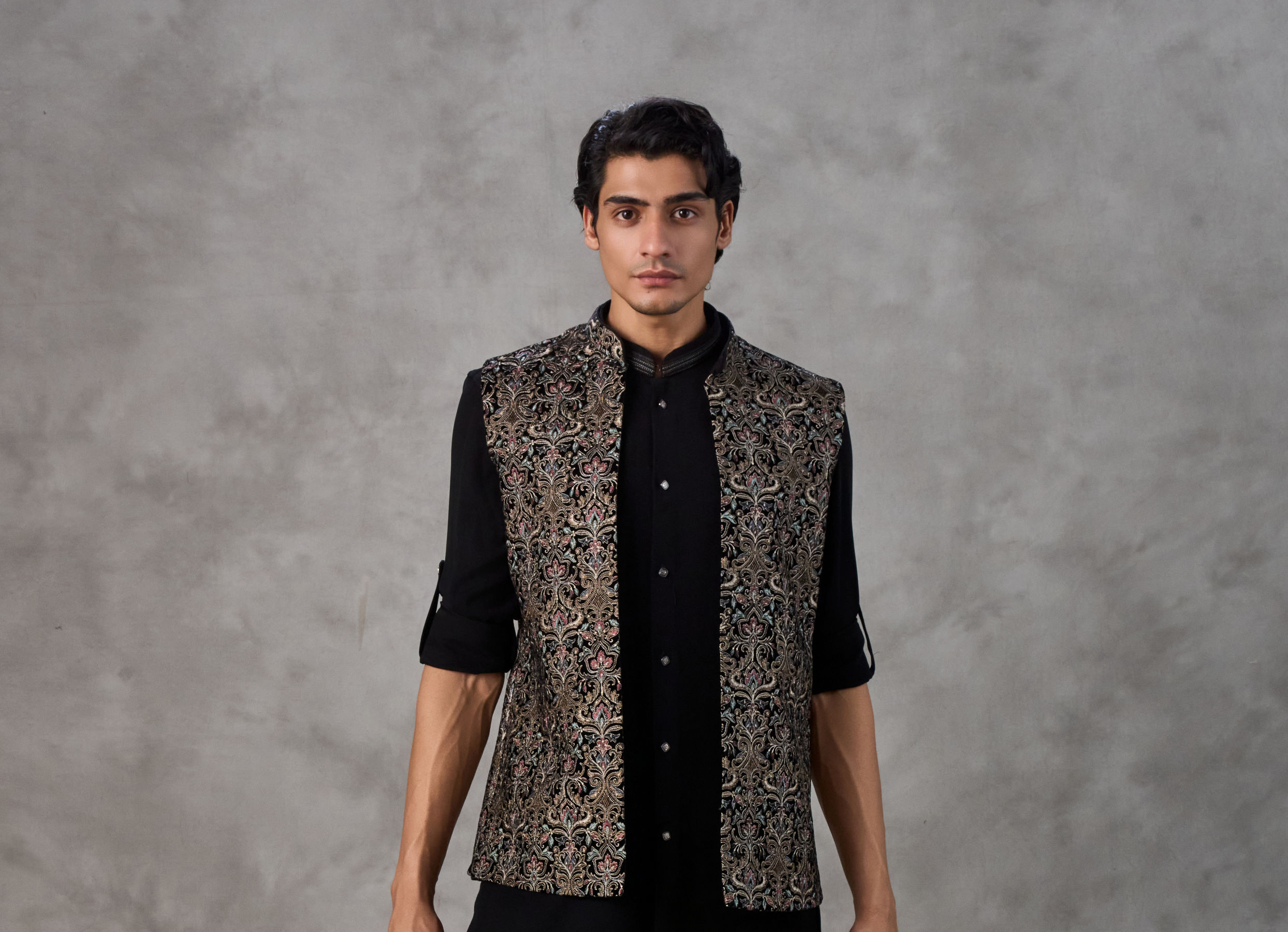 Twamev Men Black Crepe Resham Jaal Embroidered Kurta Jacket Set