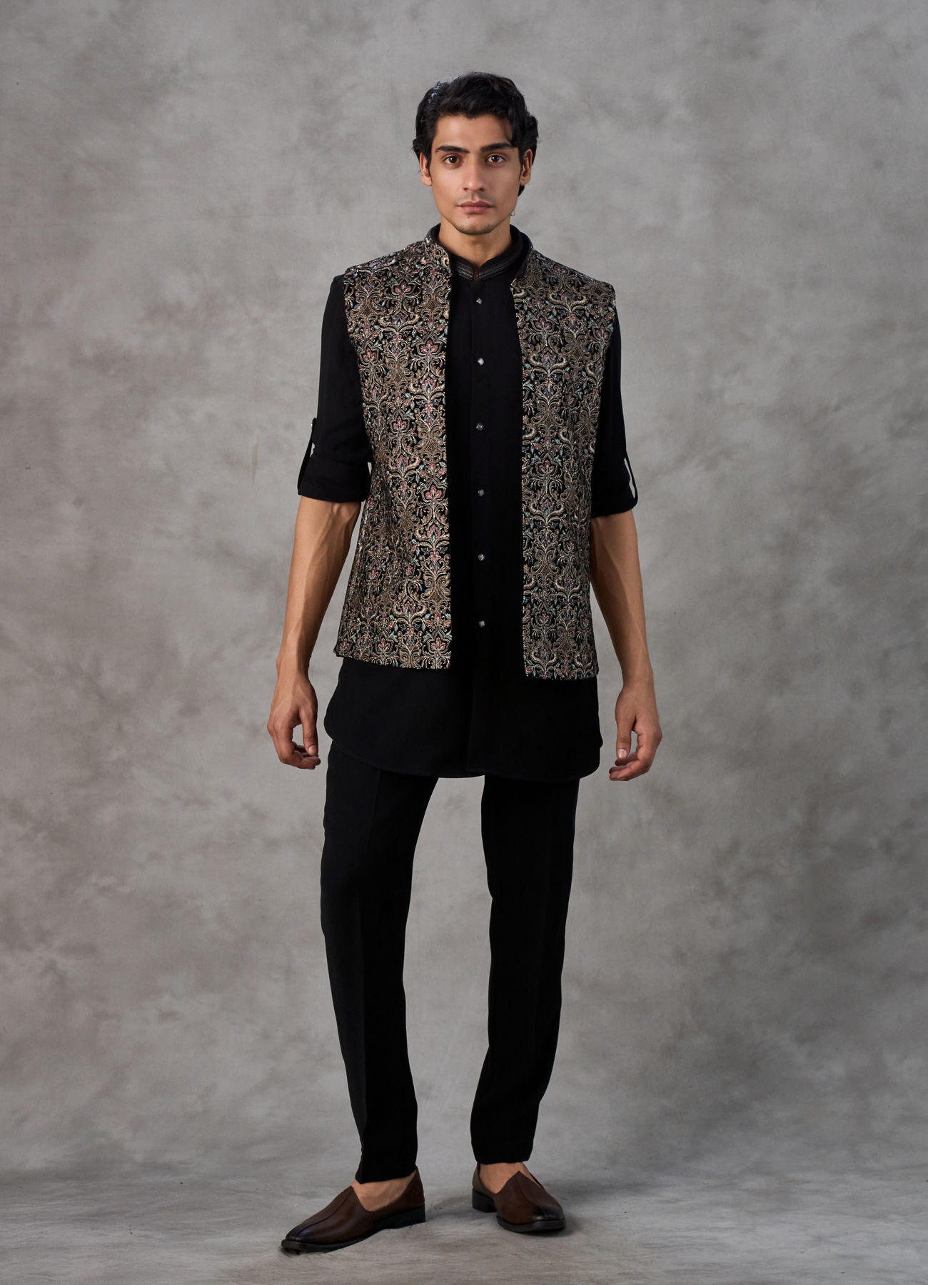 Twamev Men Black Crepe Resham Jaal Embroidered Kurta Jacket Set
