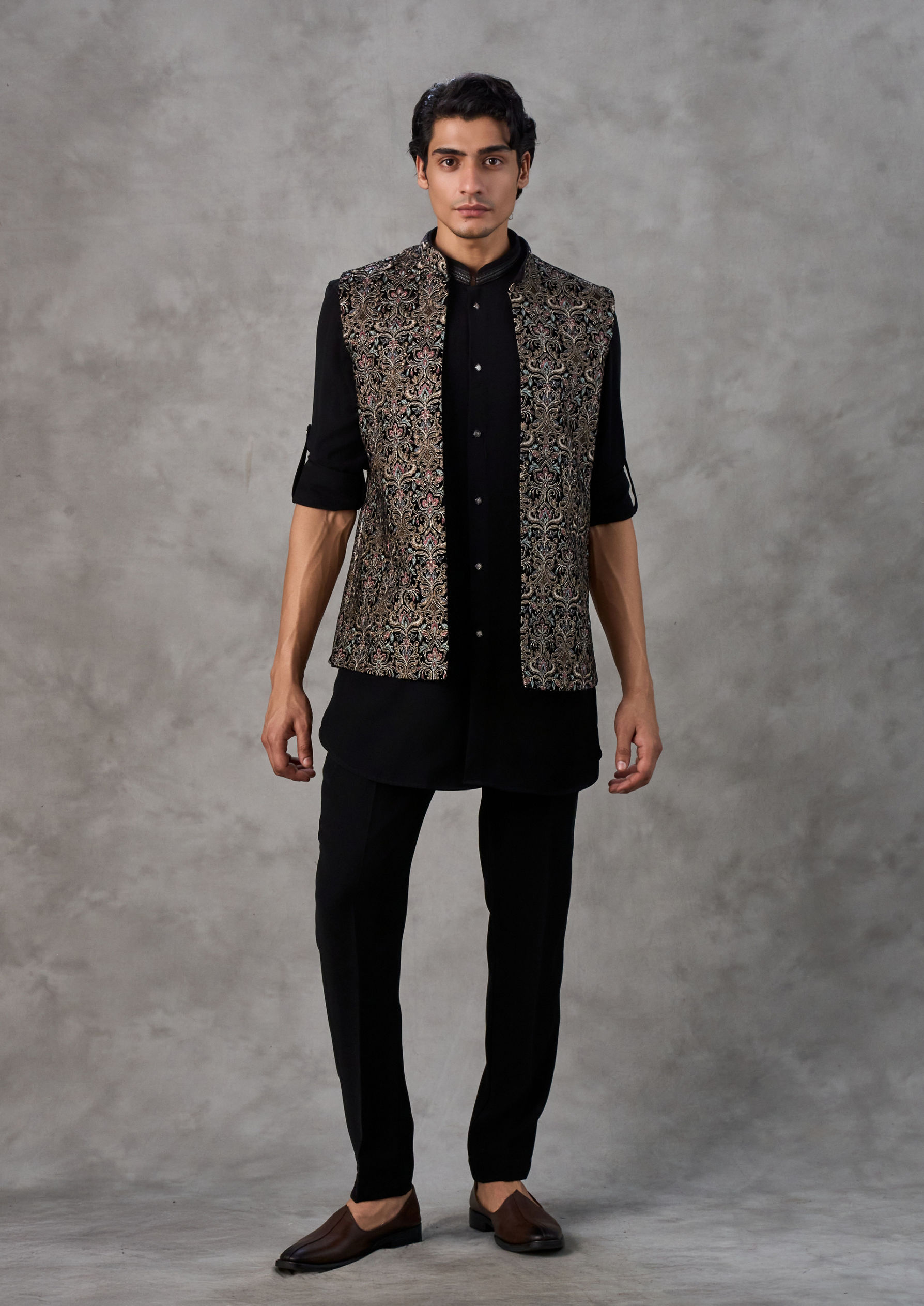 Twamev Men Gleaming Black Charm Kurta Jacket Set