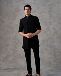 Twamev Men Black Crepe Resham Jaal Embroidered Kurta Jacket Set