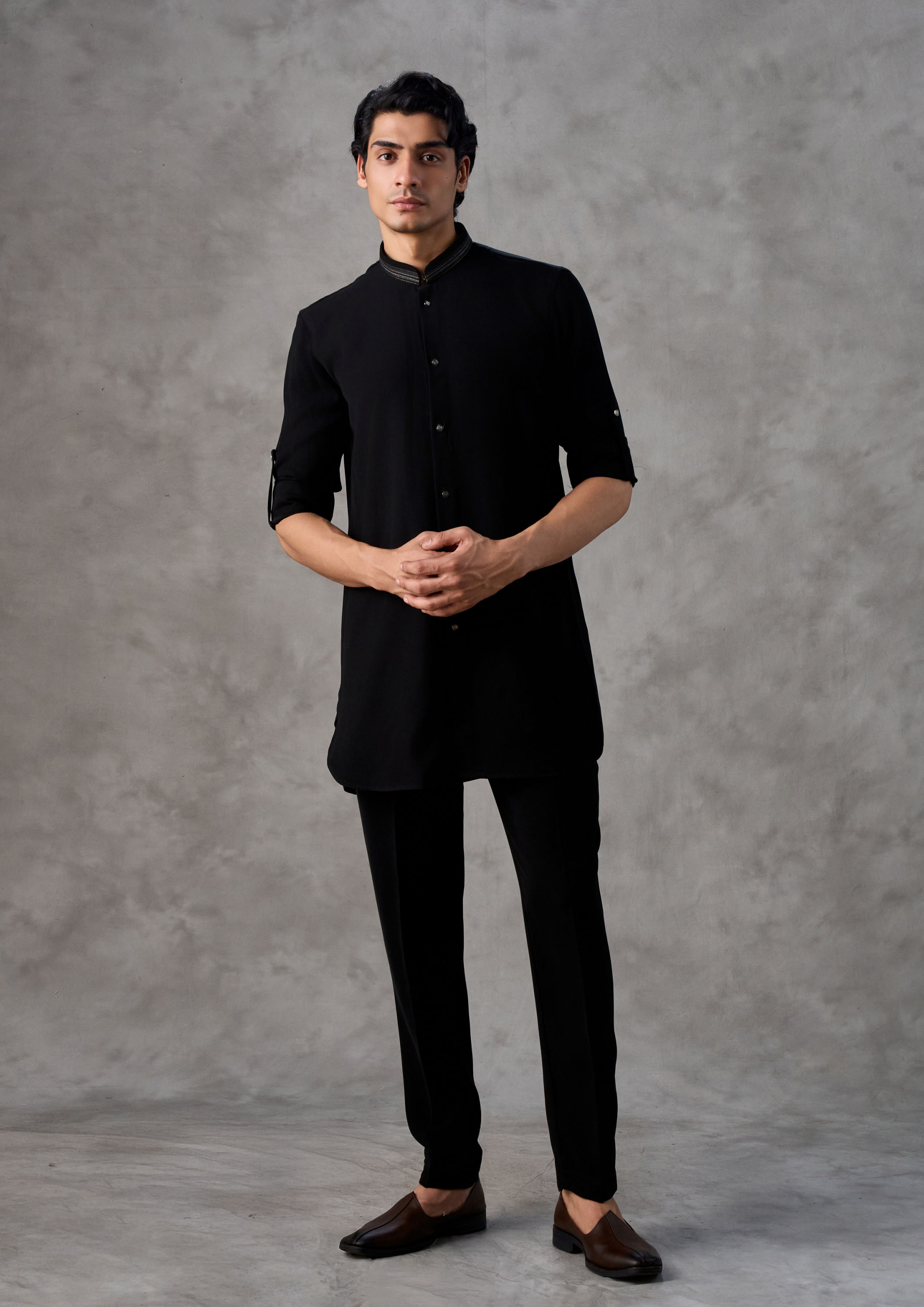 Twamev Men Gleaming Black Charm Kurta Jacket Set