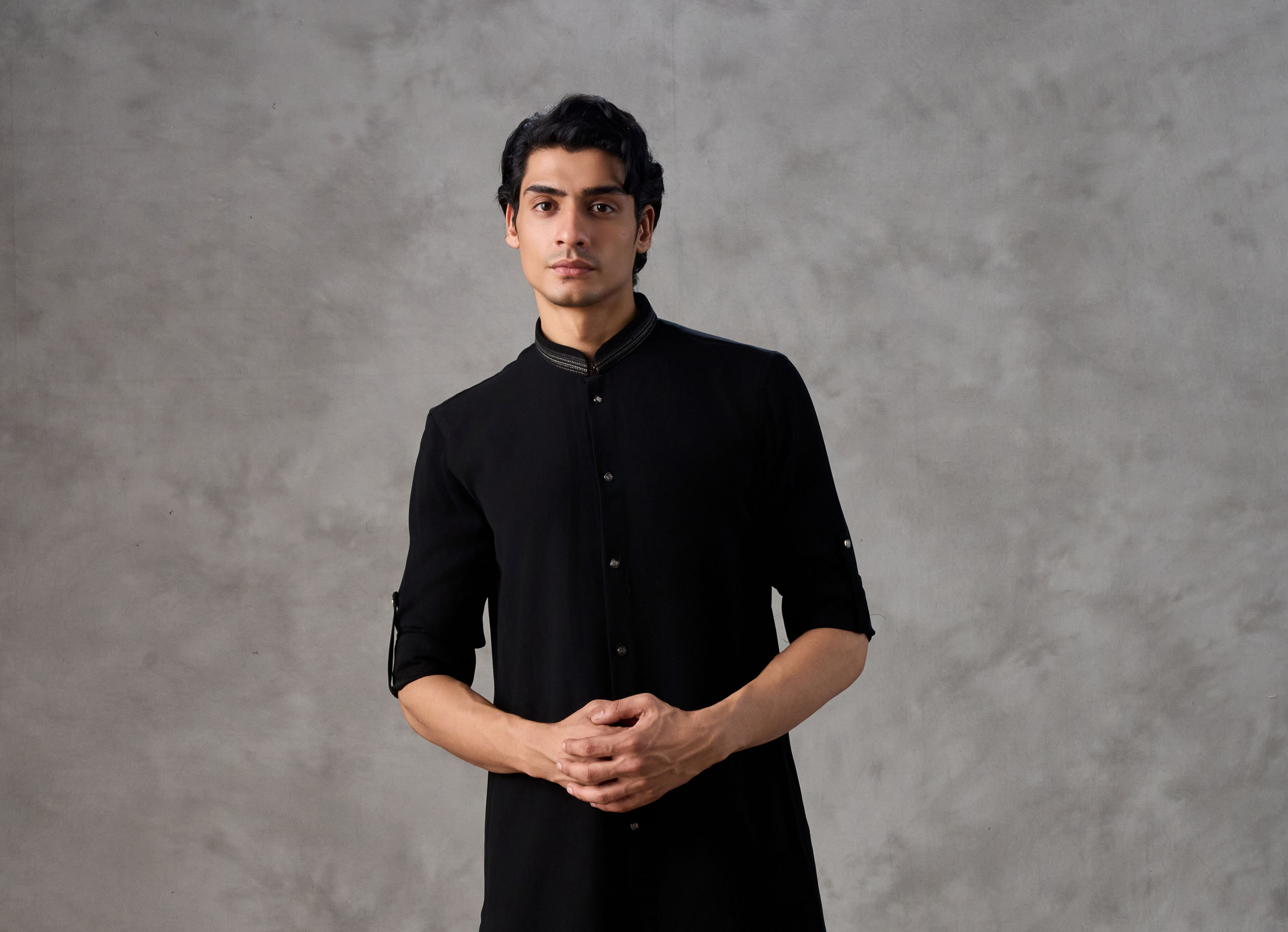 Twamev Men Black Crepe Resham Jaal Embroidered Kurta Jacket Set