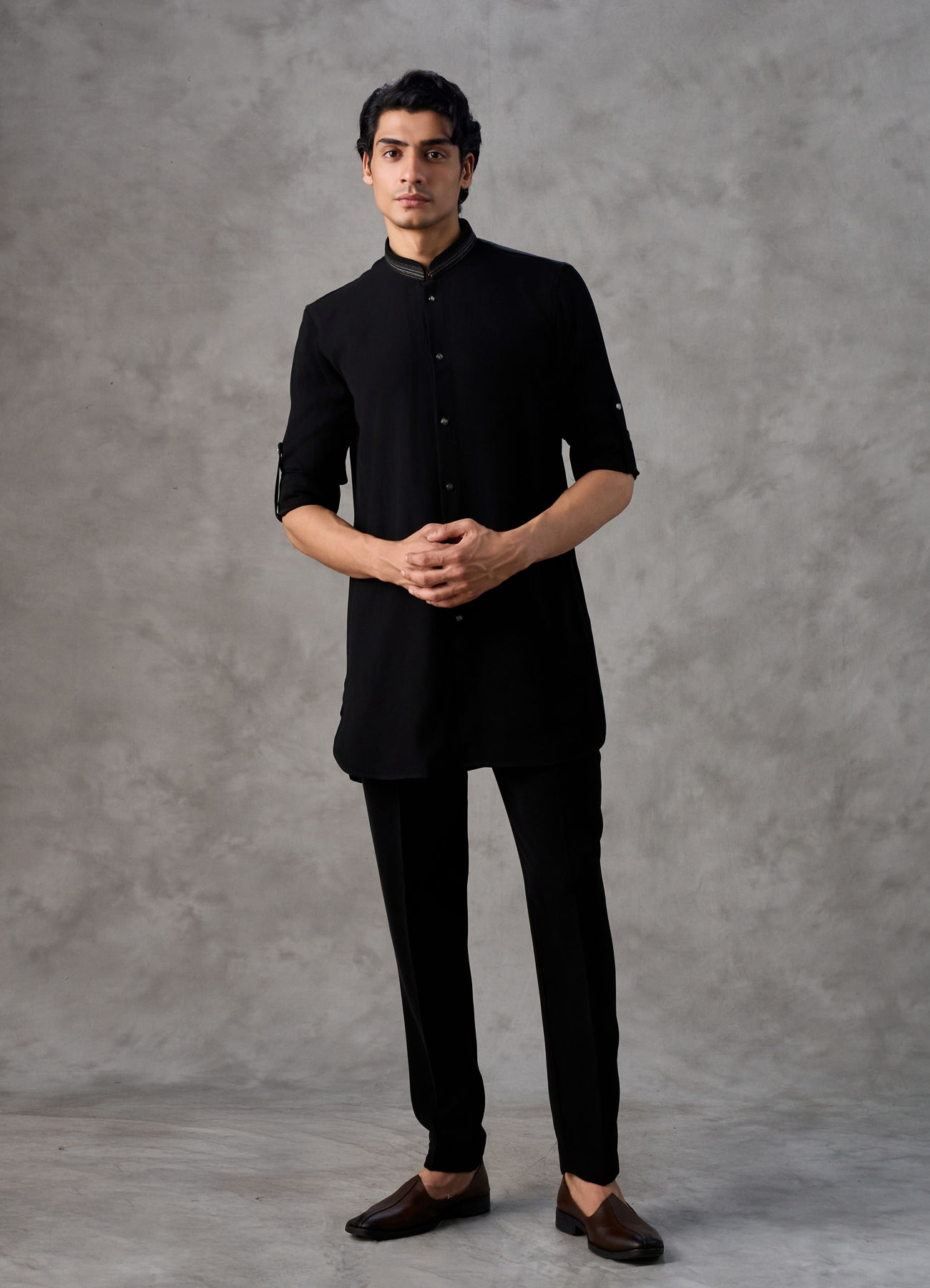 Twamev Men Black Crepe Resham Jaal Embroidered Kurta Jacket Set