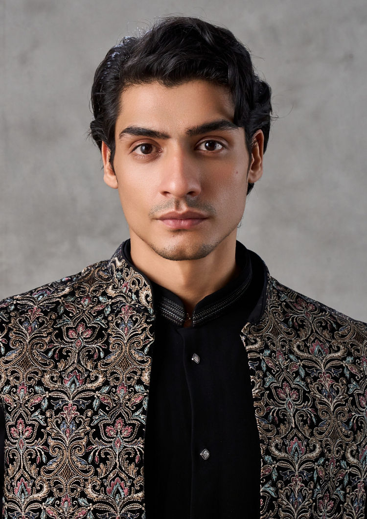 Twamev Men Gleaming Black Charm Kurta Jacket Set