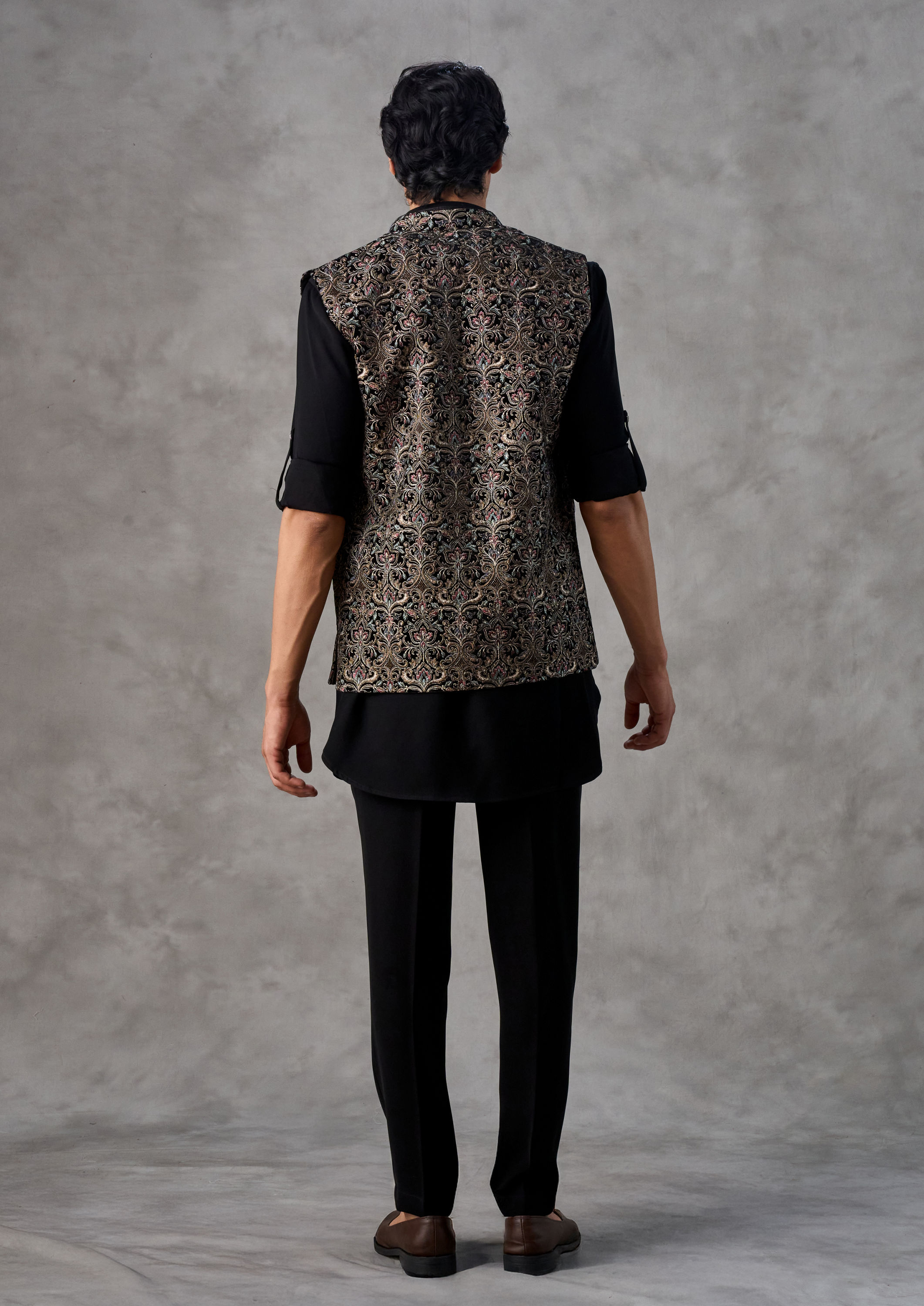 Twamev Men Gleaming Black Charm Kurta Jacket Set