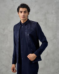 Twamev Men Dark Blue Crepe Tonal Embroidered Jacket Set