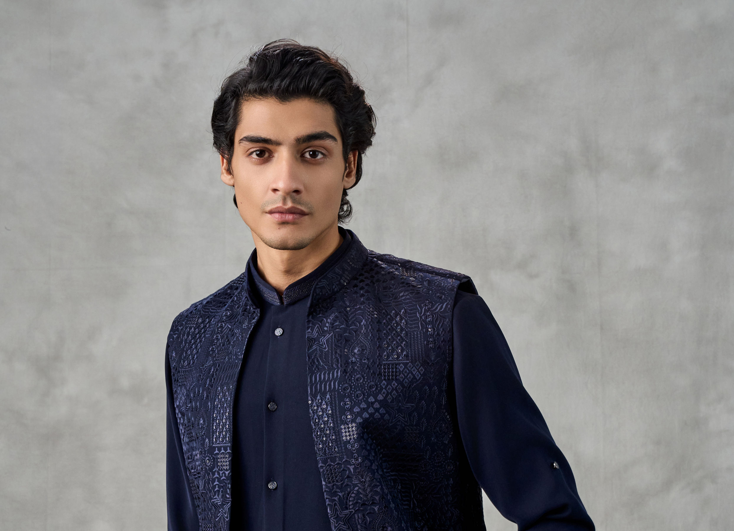 Twamev Men Dark Blue Crepe Tonal Embroidered Jacket Set