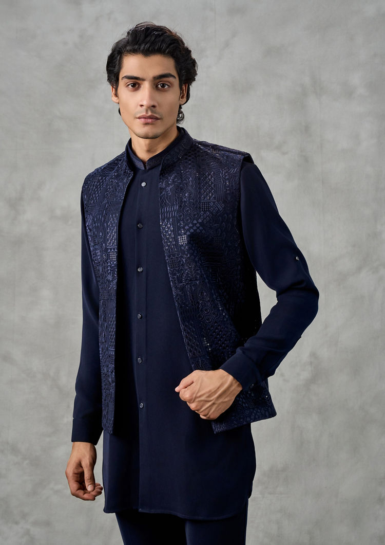 Twamev Men Dark Blue Crepe Tonal Embroidered Jacket Set