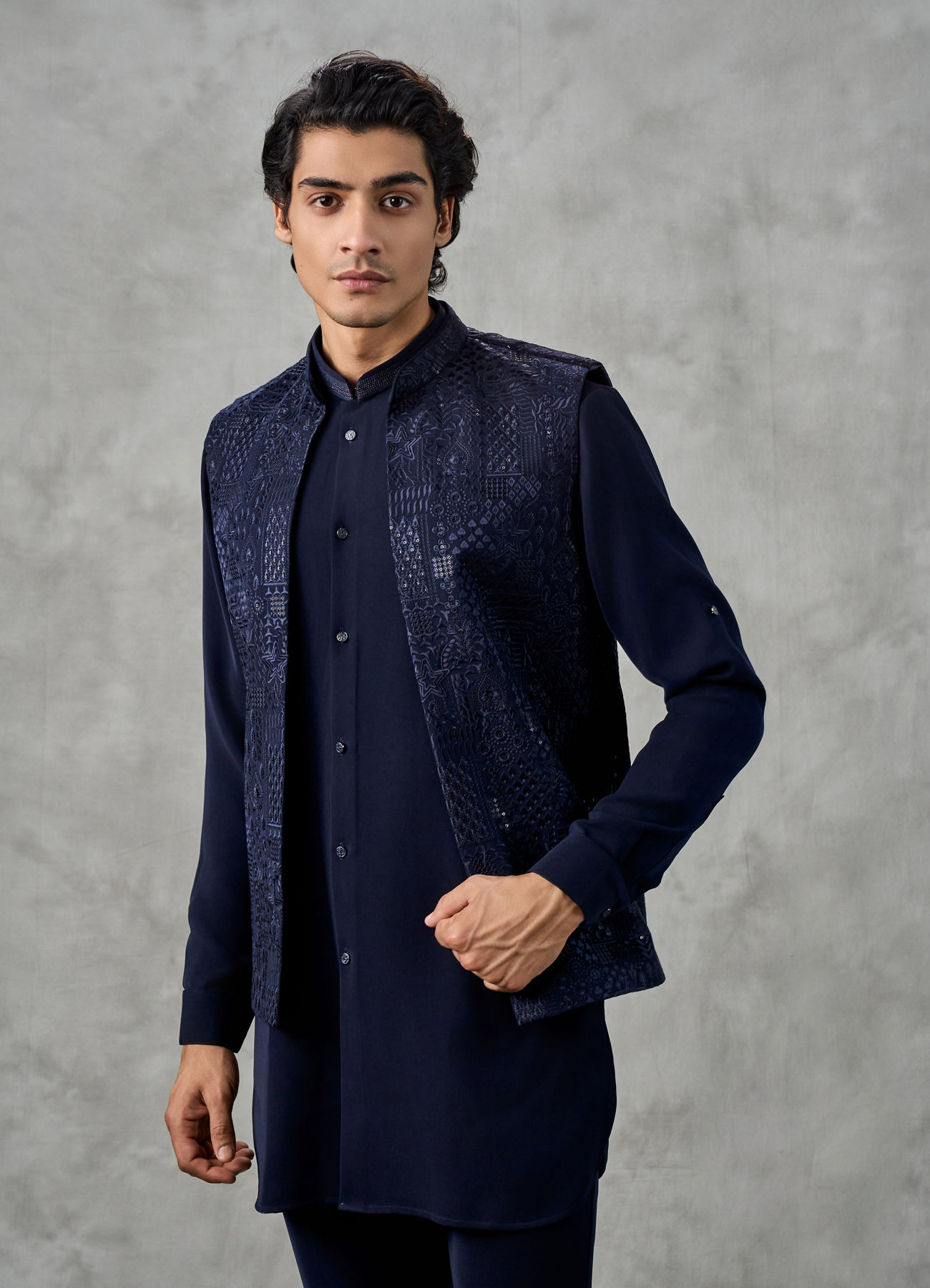 Twamev Men Dark Blue Crepe Tonal Embroidered Jacket Set