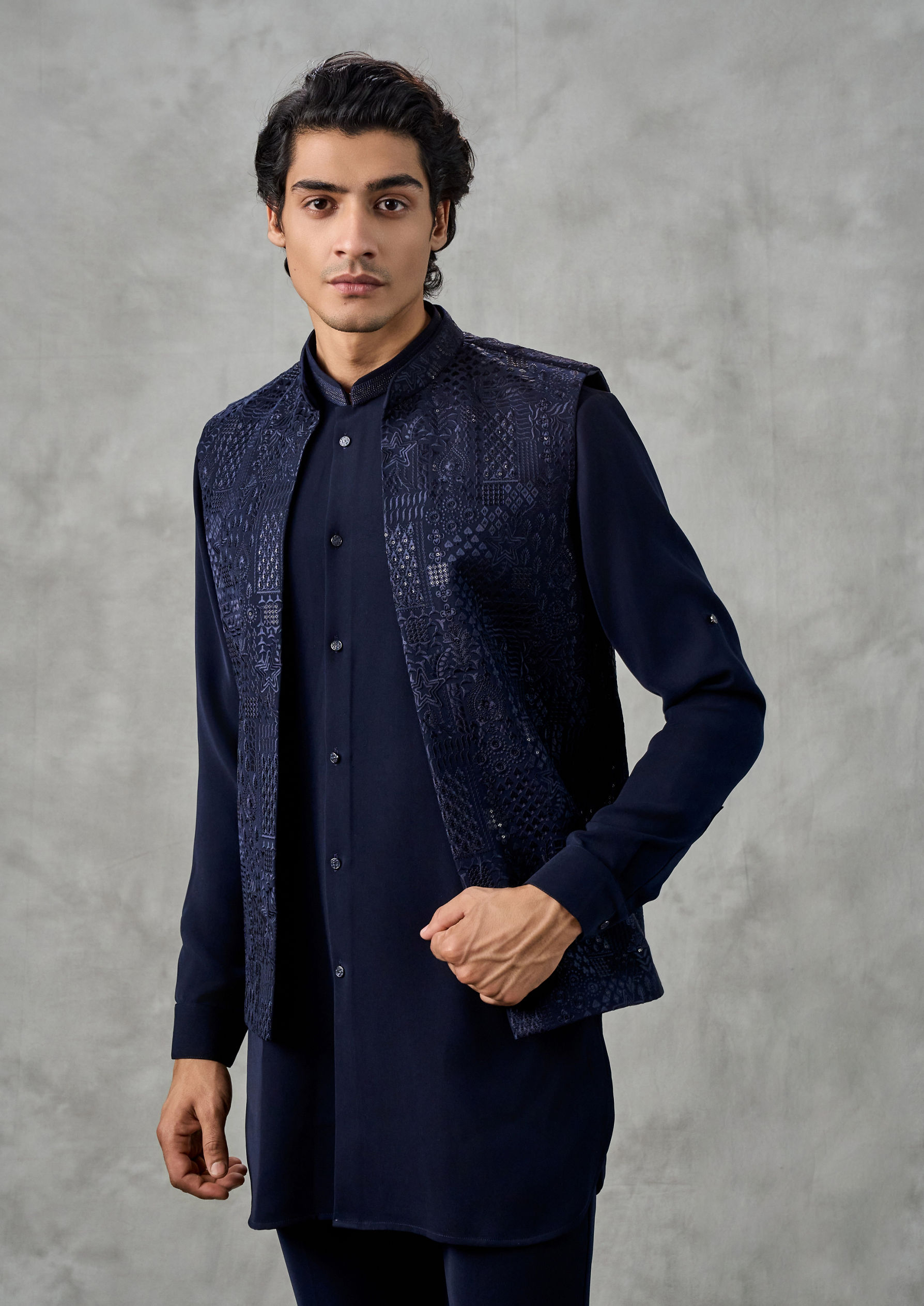Twamev Men Dark Blue Crepe Tonal Embroidered Jacket Set