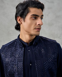 Twamev Men Dark Blue Crepe Tonal Embroidered Jacket Set