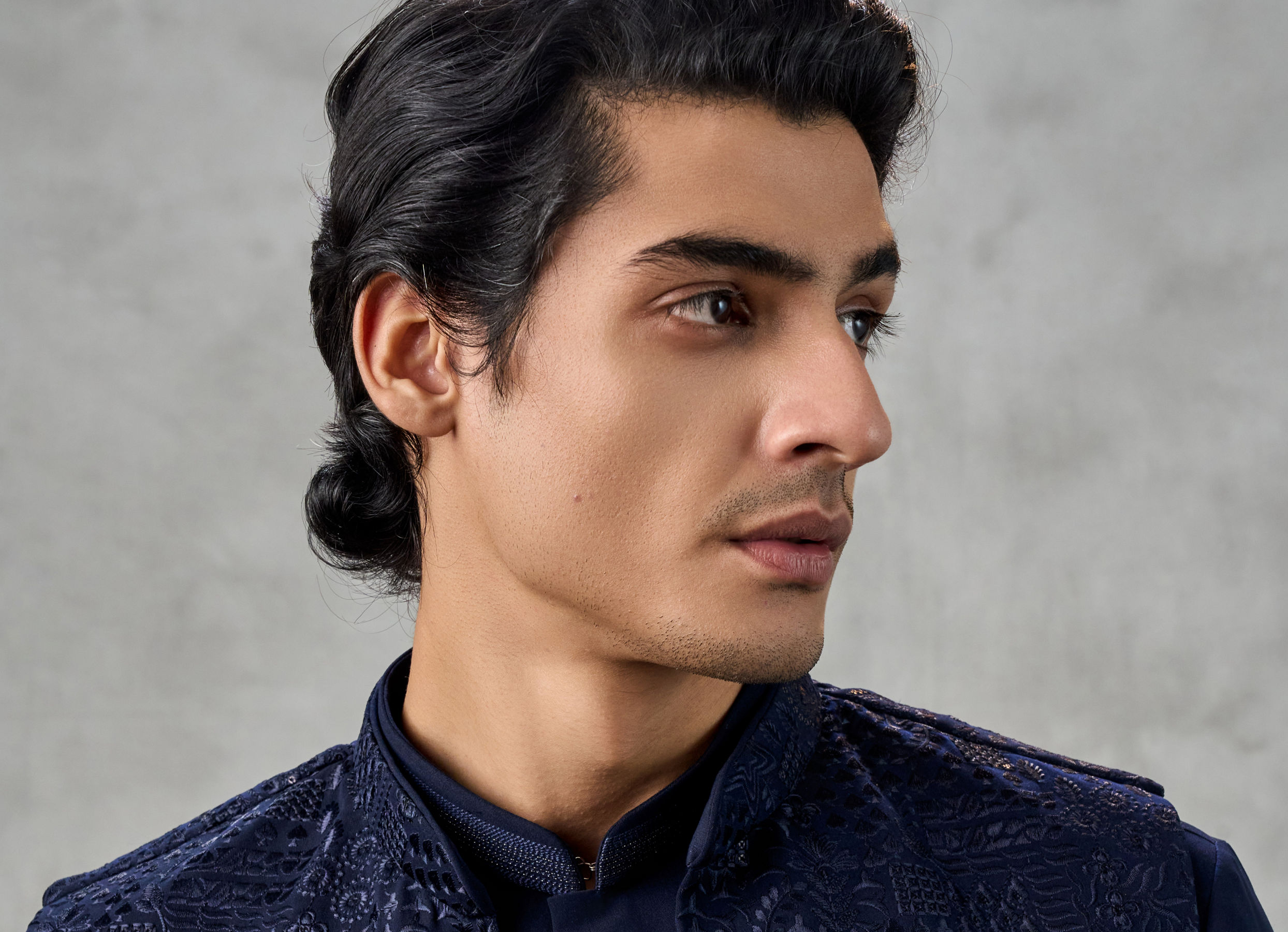 Twamev Men Dark Blue Crepe Tonal Embroidered Jacket Set