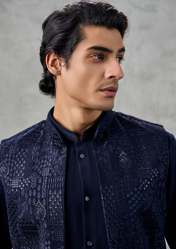 Twamev Men Dark Blue Crepe Tonal Embroidered Jacket Set