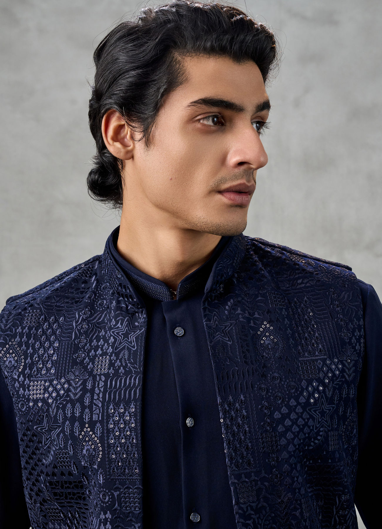 Twamev Men Dark Blue Crepe Tonal Embroidered Jacket Set