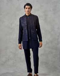Twamev Men Dark Blue Crepe Tonal Embroidered Jacket Set