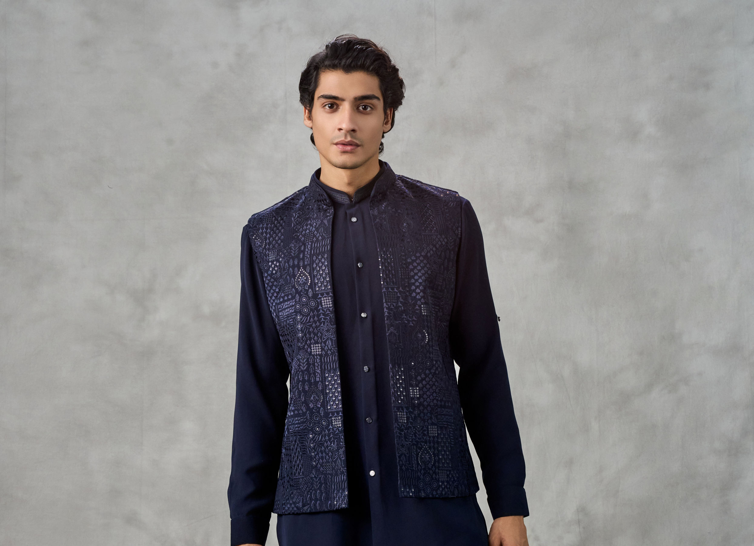 Twamev Men Dark Blue Crepe Tonal Embroidered Jacket Set