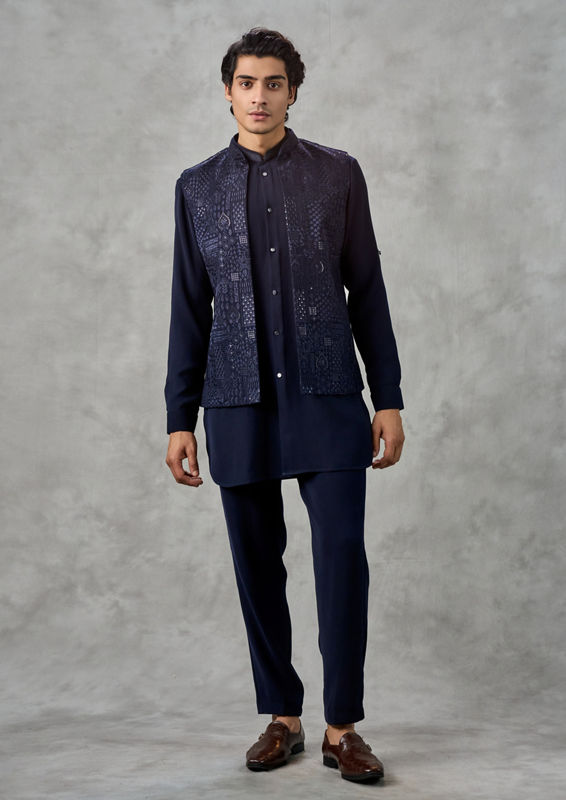 Twamev Men Dark Blue Crepe Tonal Embroidered Jacket Set
