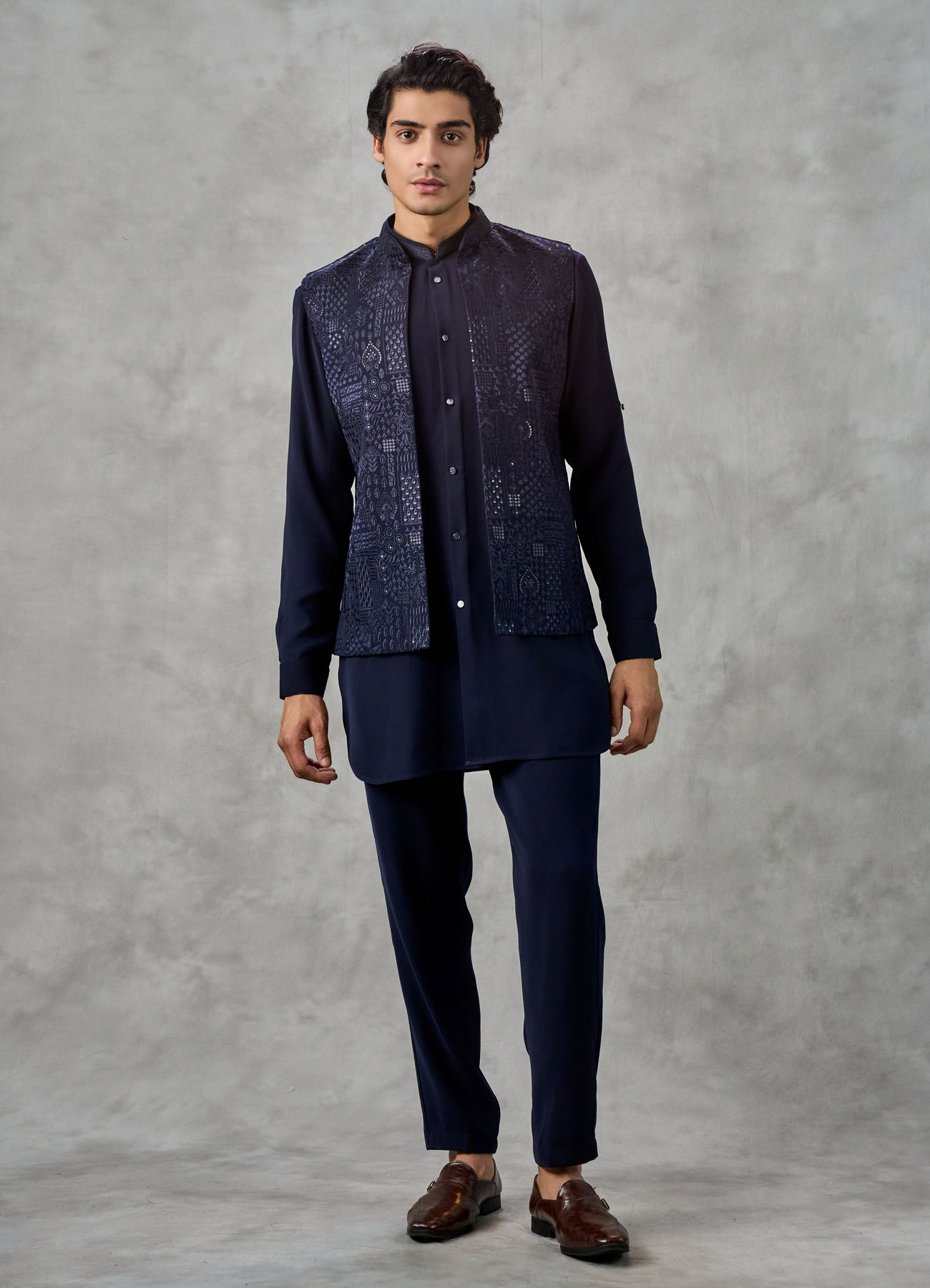 Twamev Men Dark Blue Crepe Tonal Embroidered Jacket Set