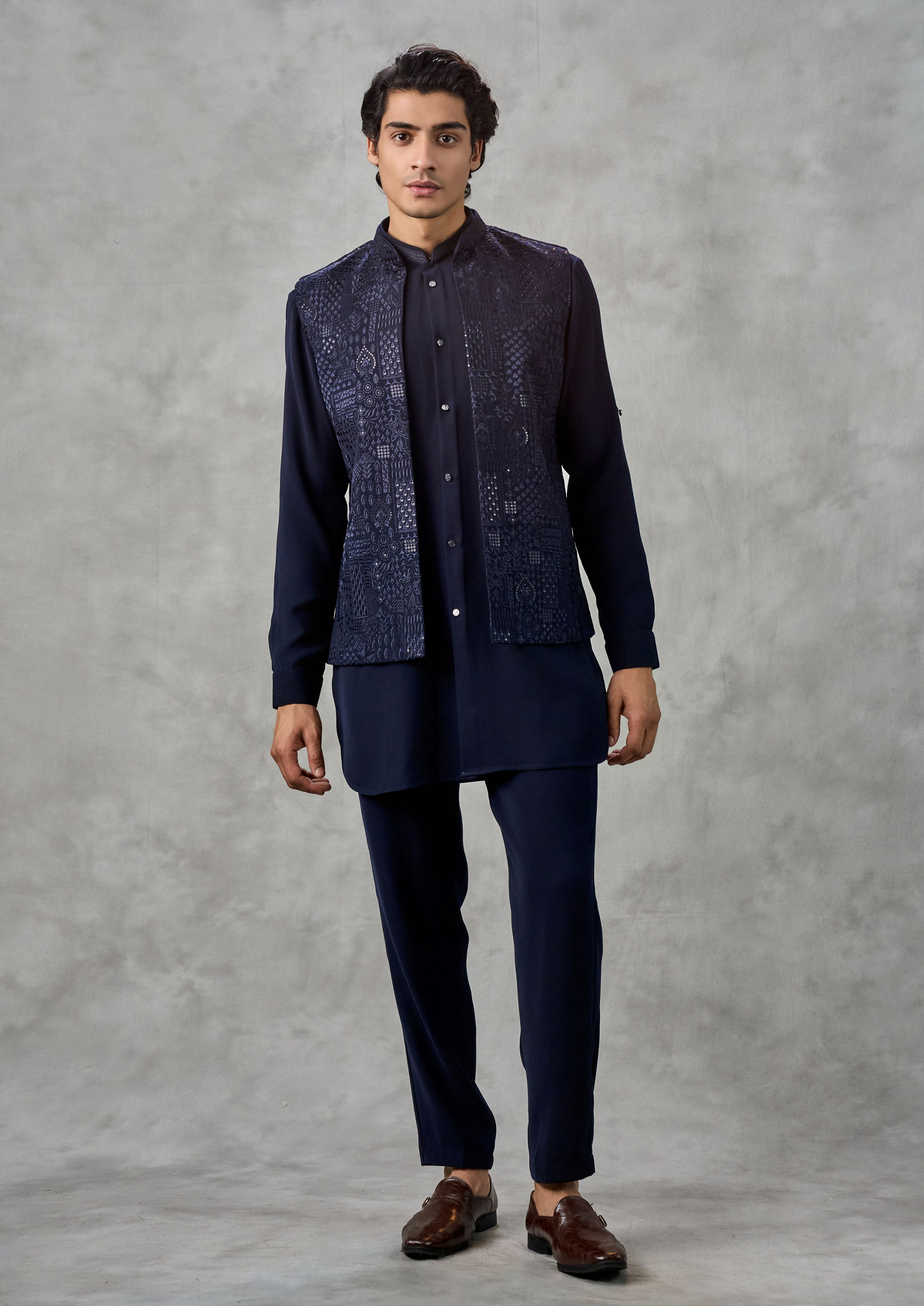 Twamev Men Dark Blue Crepe Tonal Embroidered Jacket Set