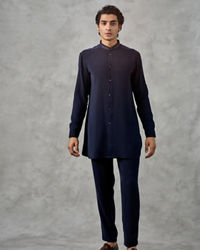 Twamev Men Dark Blue Crepe Tonal Embroidered Jacket Set