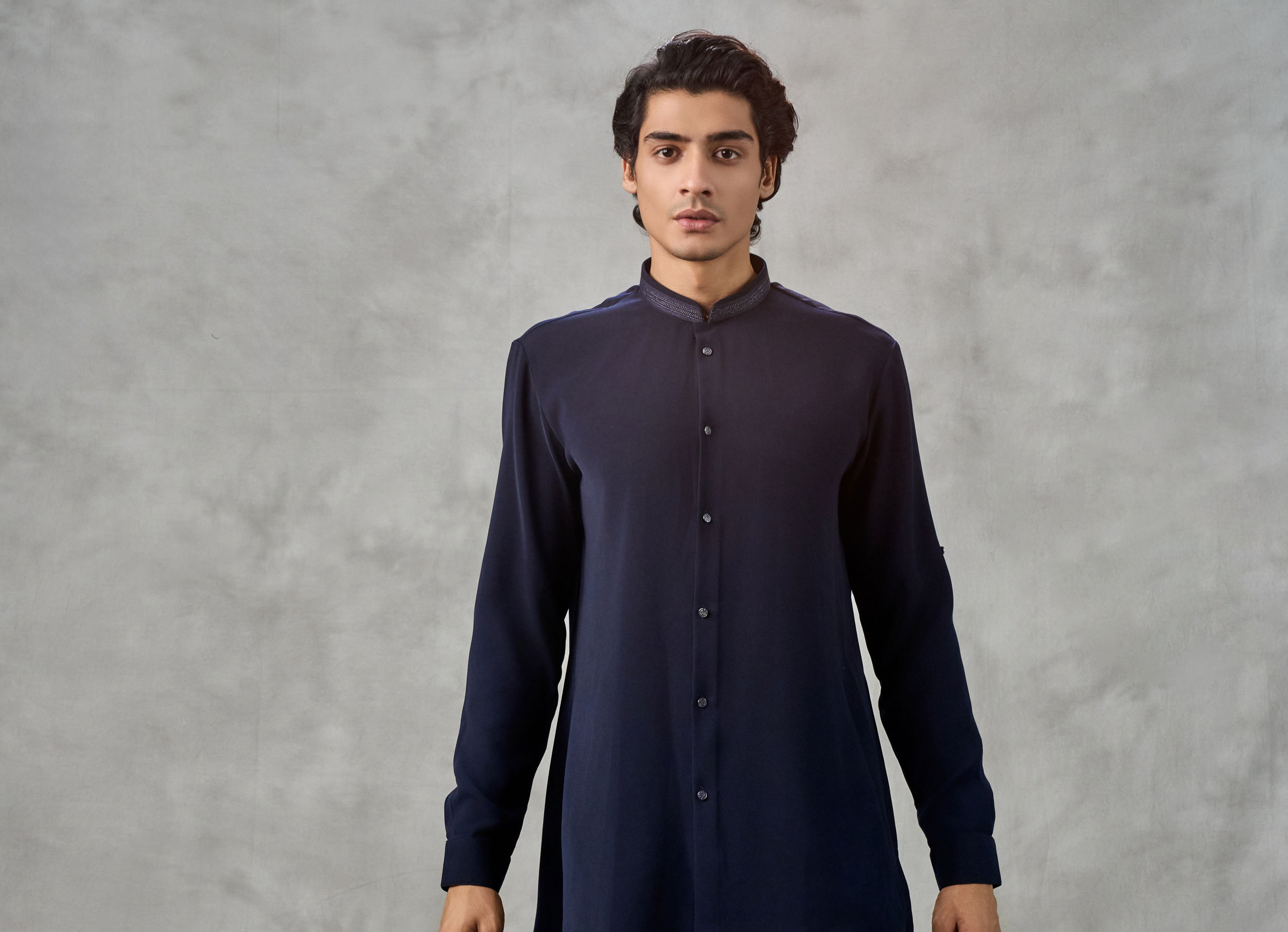 Twamev Men Dark Blue Crepe Tonal Embroidered Jacket Set