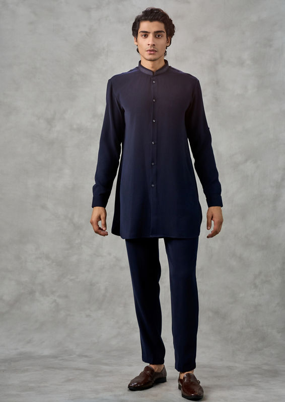 Twamev Men Dark Blue Crepe Tonal Embroidered Jacket Set