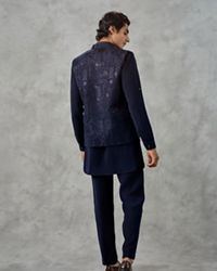 Twamev Men Dark Blue Crepe Tonal Embroidered Jacket Set