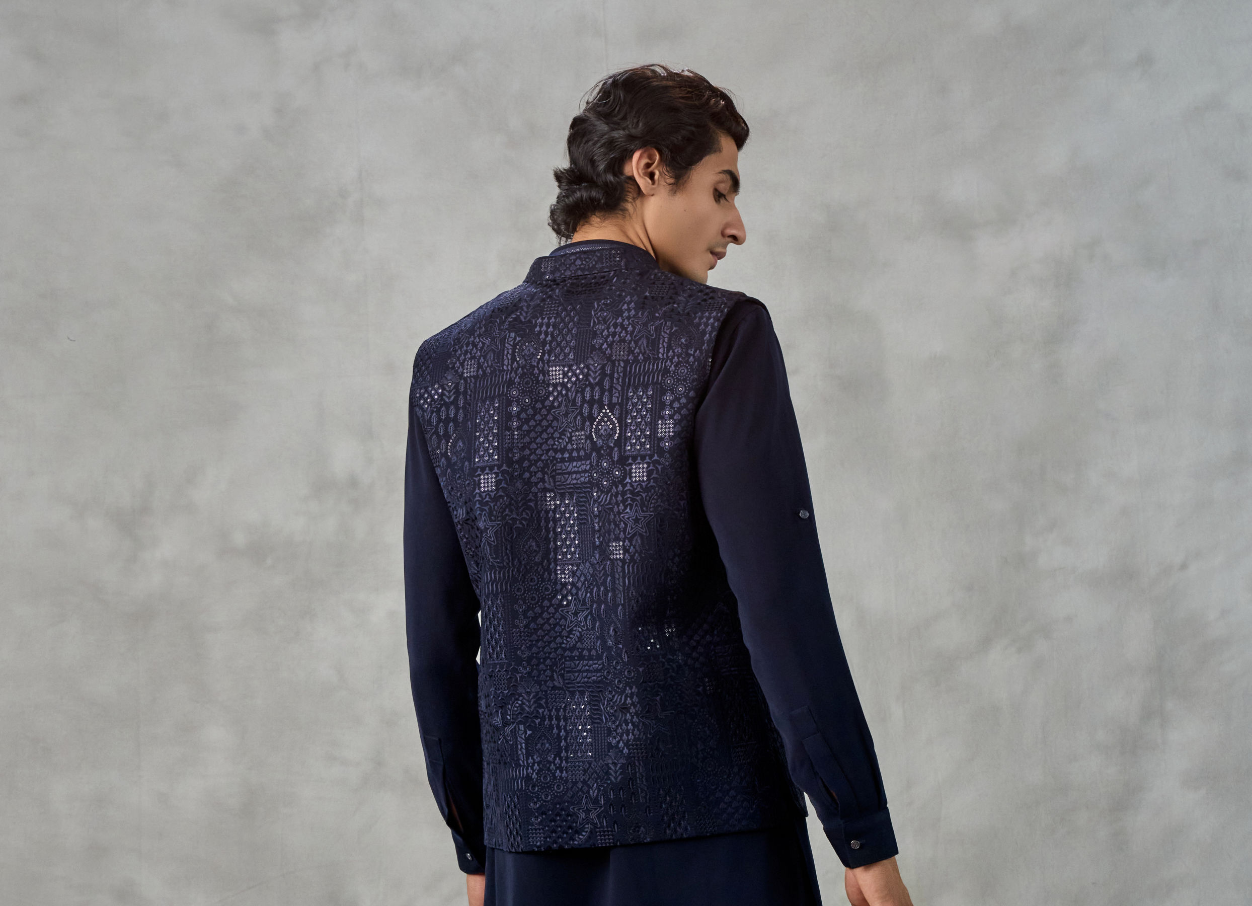 Twamev Men Dark Blue Crepe Tonal Embroidered Jacket Set