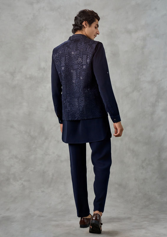 Twamev Men Dark Blue Crepe Tonal Embroidered Jacket Set