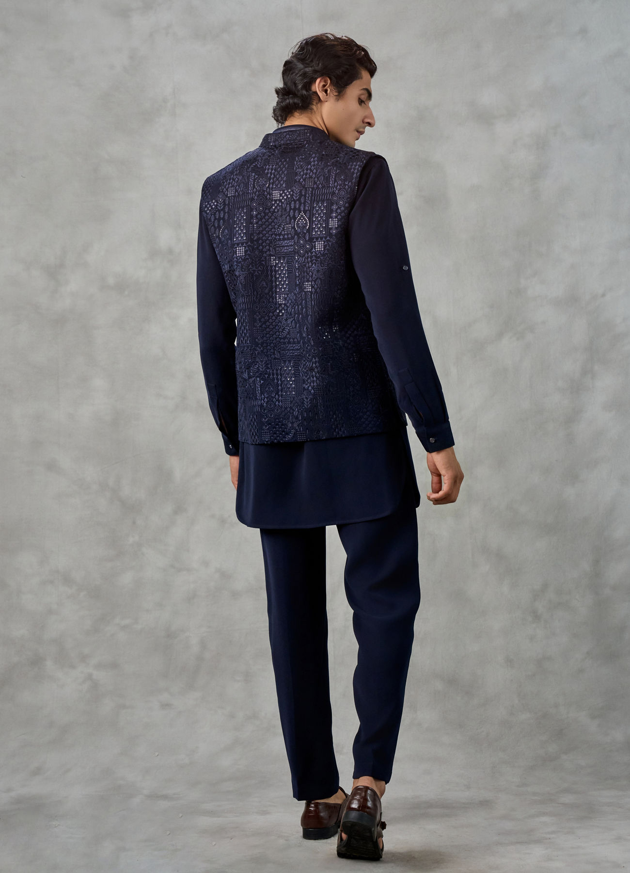 Twamev Men Dark Blue Crepe Tonal Embroidered Jacket Set