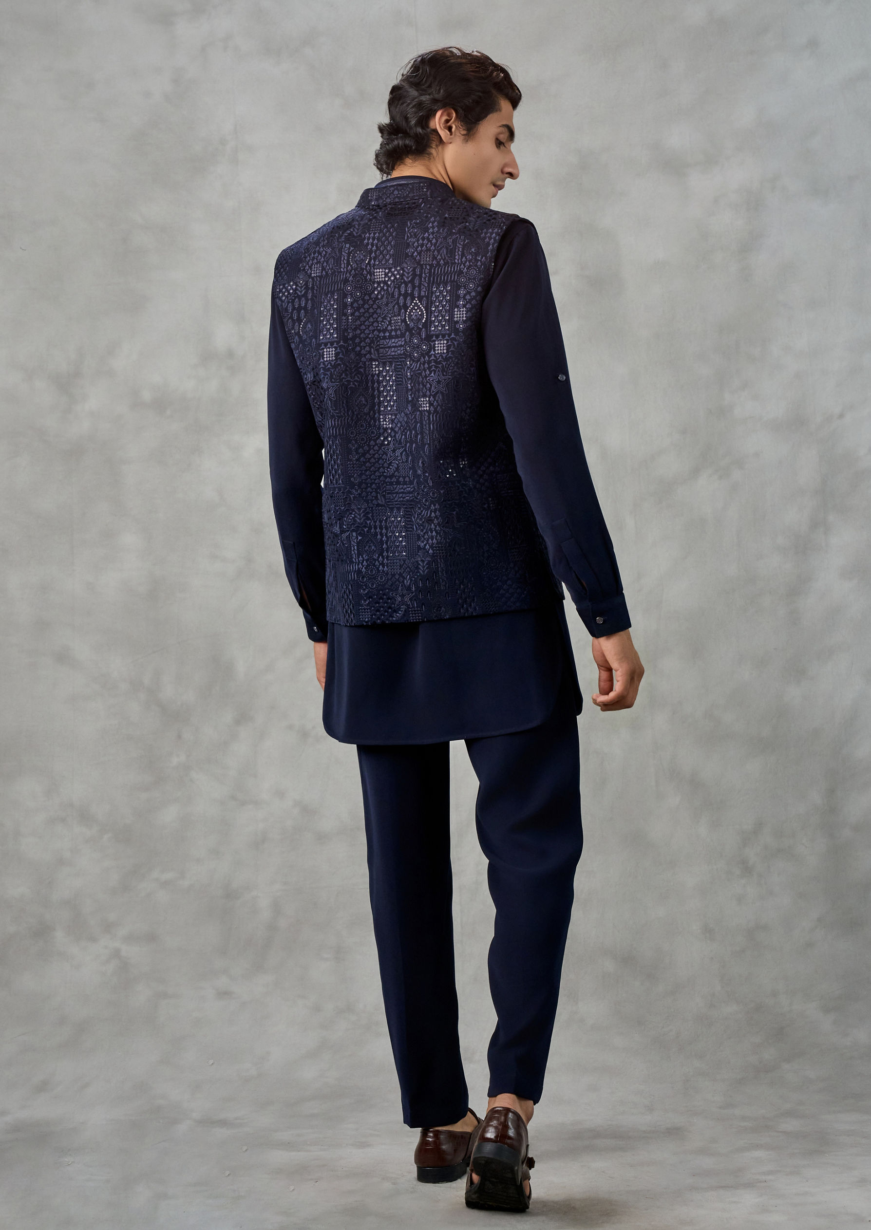 Twamev Men Dark Blue Crepe Tonal Embroidered Jacket Set