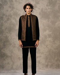 Twamev Men Black Silk Mughal Resham Embroidered Jacket Set