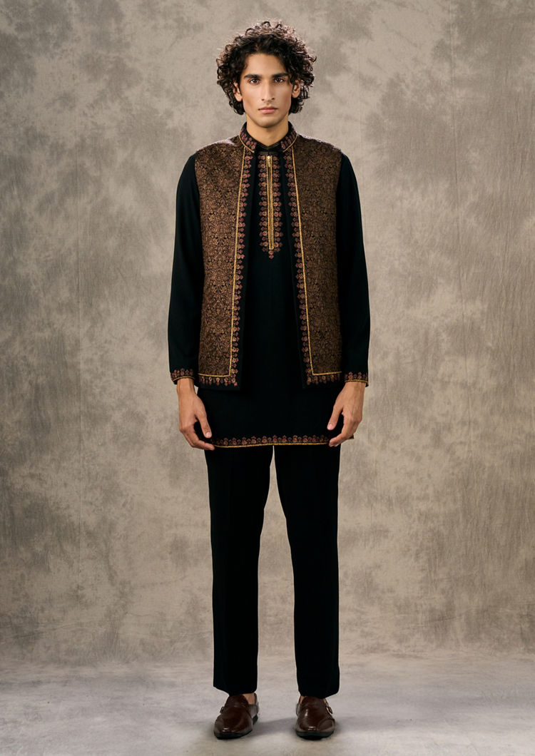 Twamev Men Black Enigmatic Ensemble Kurta Jacket Set