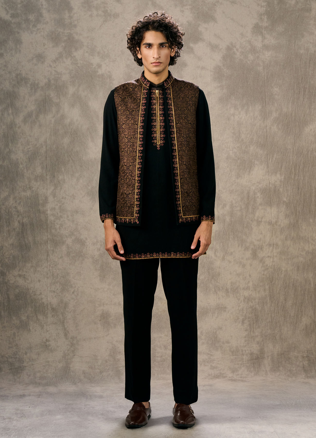 Twamev Men Black Silk Mughal Resham Embroidered Jacket Set