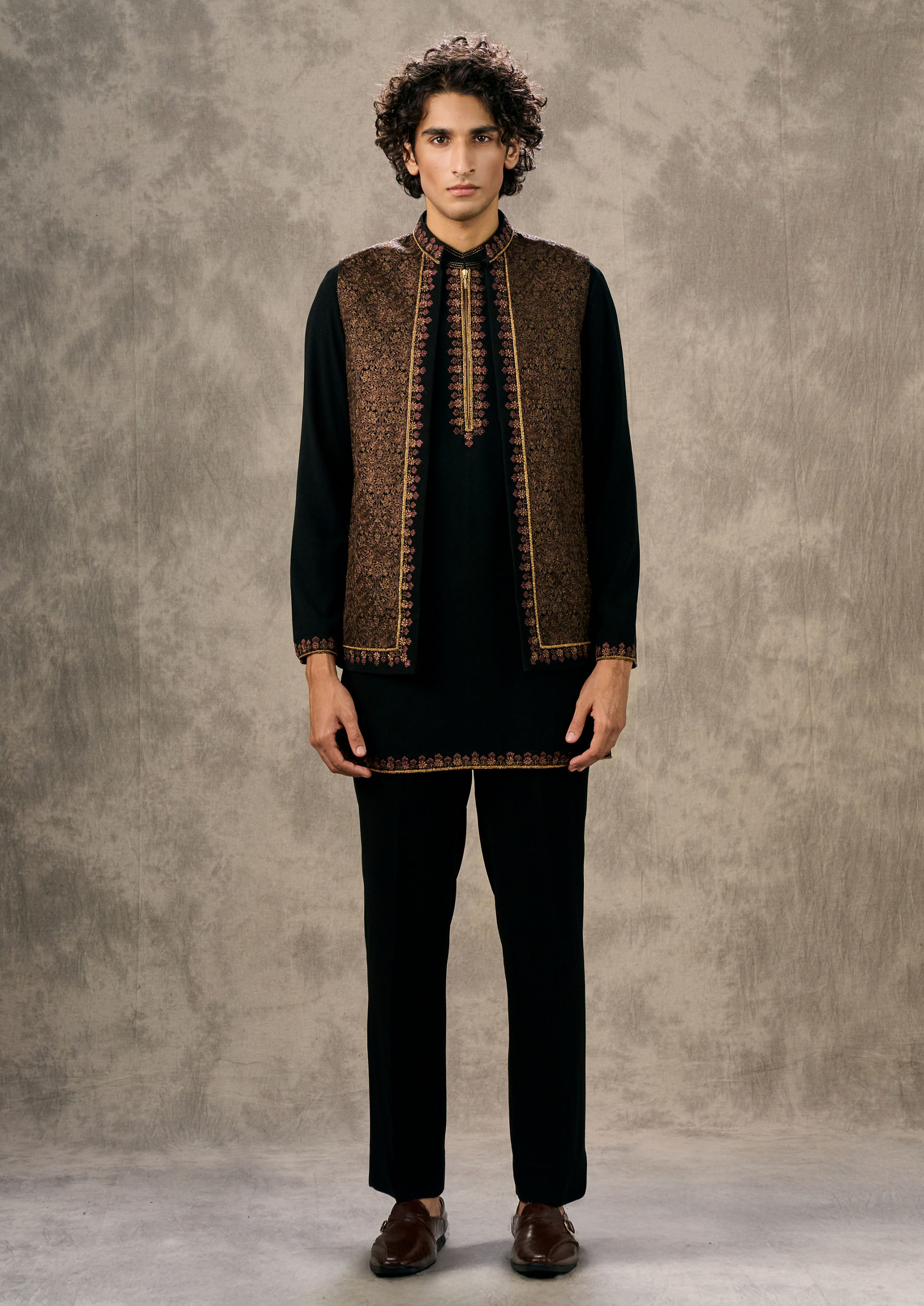 Twamev Men Black Enigmatic Ensemble Kurta Jacket Set