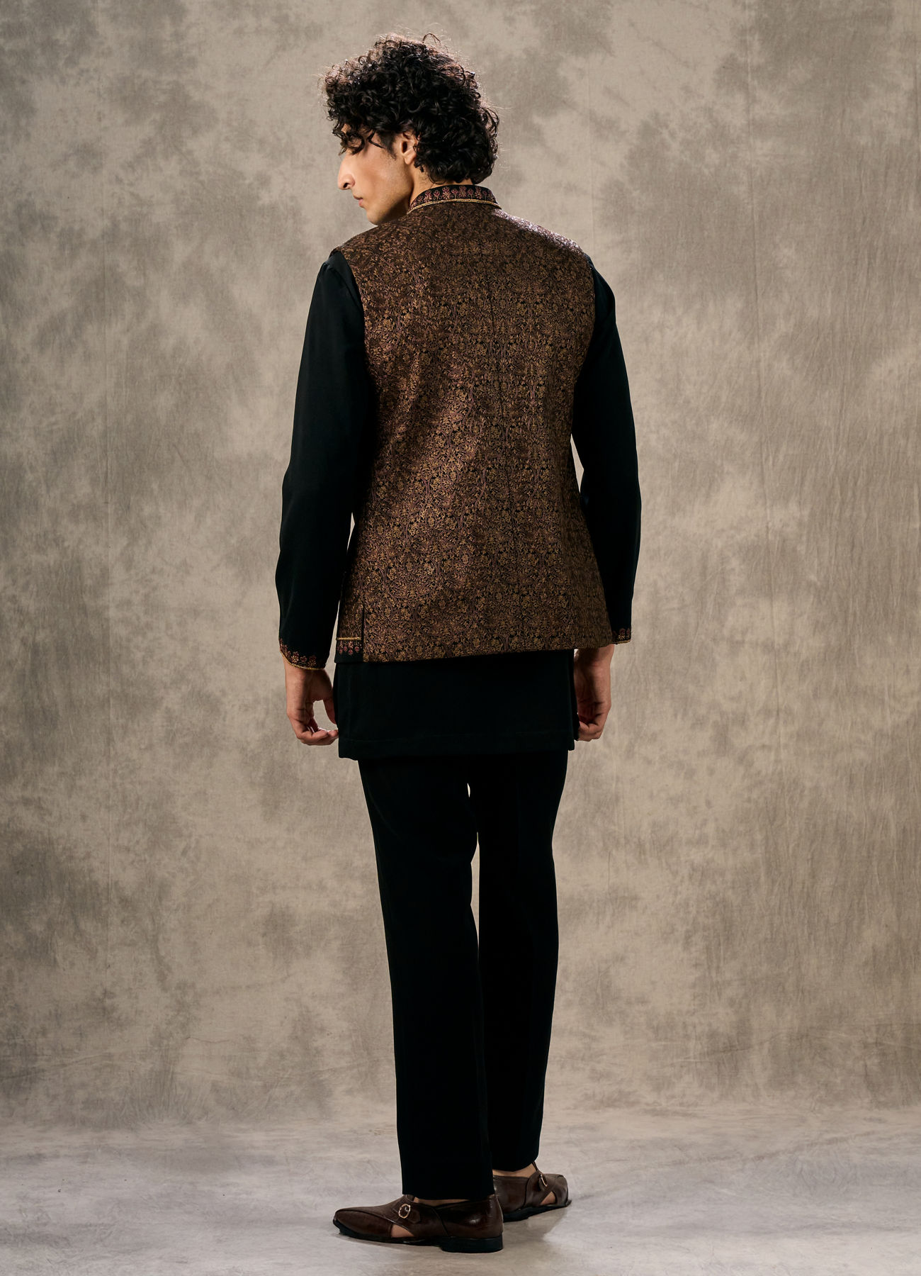 Twamev Men Black Silk Mughal Resham Embroidered Jacket Set