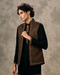 Twamev Men Black Silk Mughal Resham Embroidered Jacket Set
