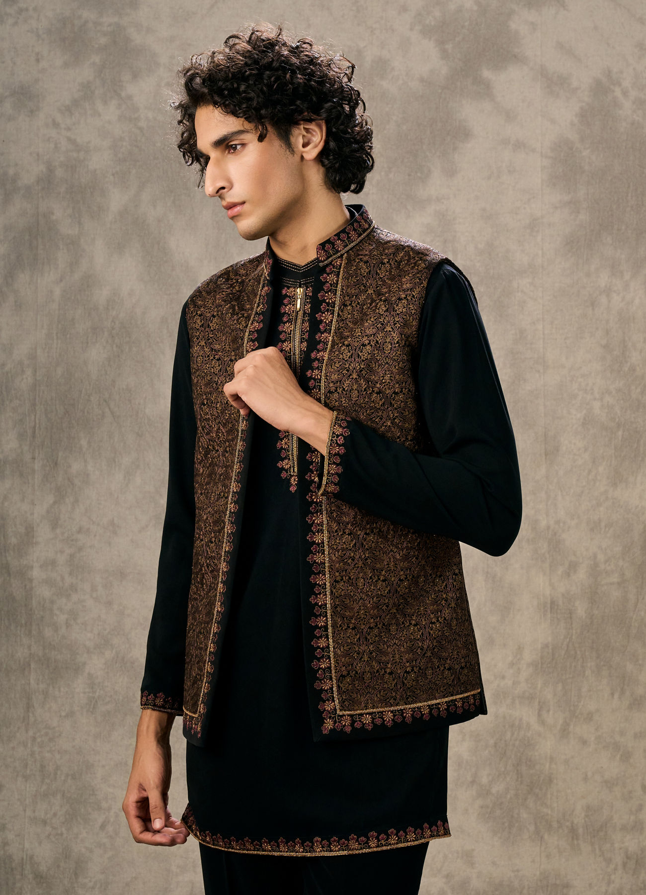 Twamev Men Black Silk Mughal Resham Embroidered Jacket Set