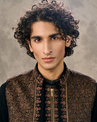 Twamev Men Black Silk Mughal Resham Embroidered Jacket Set